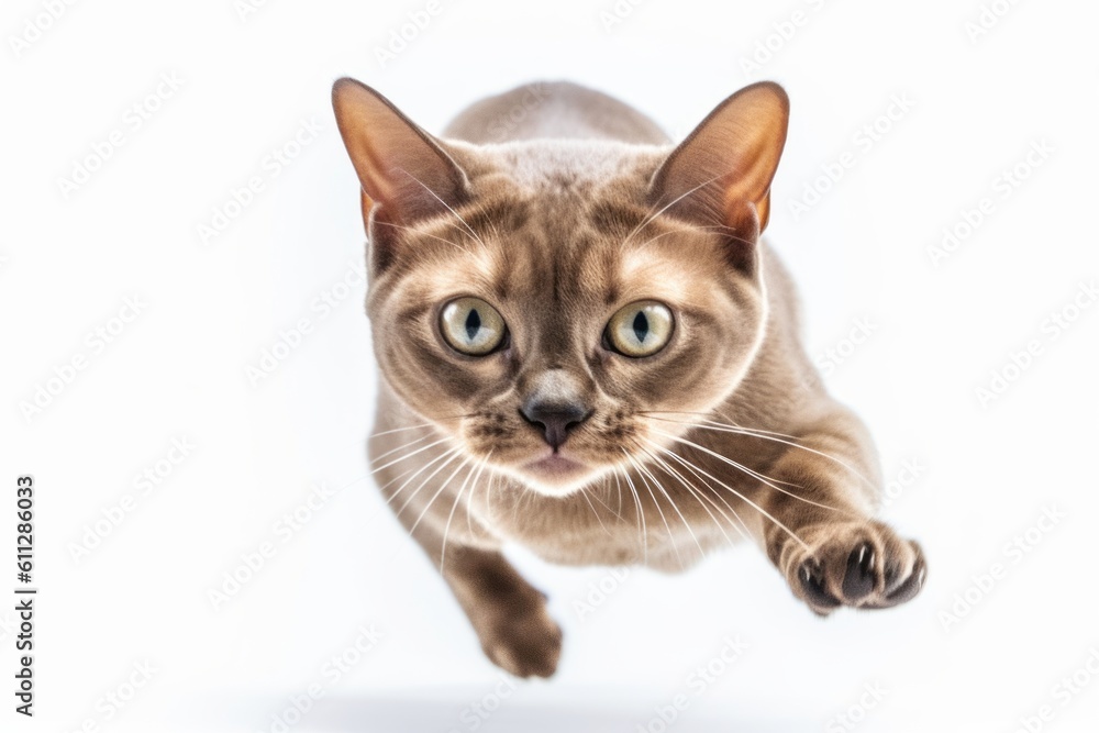 Close-up portrait photography of a funny burmese cat sprinting against a white background. With generative AI technology
