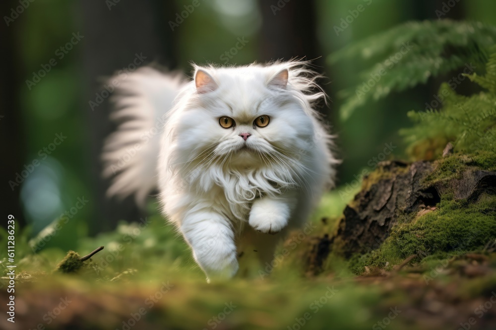 Full-length portrait photography of a cute persian cat sprinting against a forest background. With generative AI technology