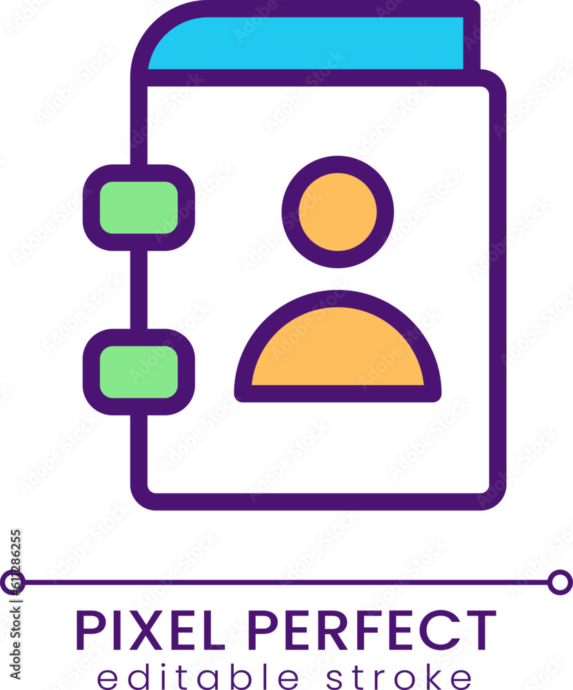 Contact book pixel perfect RGB color icon. Phone numbers and address. Button for website and application. Isolated vector illustration. Simple filled line drawing. Editable stroke. Poppins font used Contact book pixel perfect RGB color icon. Phone numbers and address. Button for website and application. Isolated vector illustration. Simple filled line drawing. Editable stroke. Poppins font used