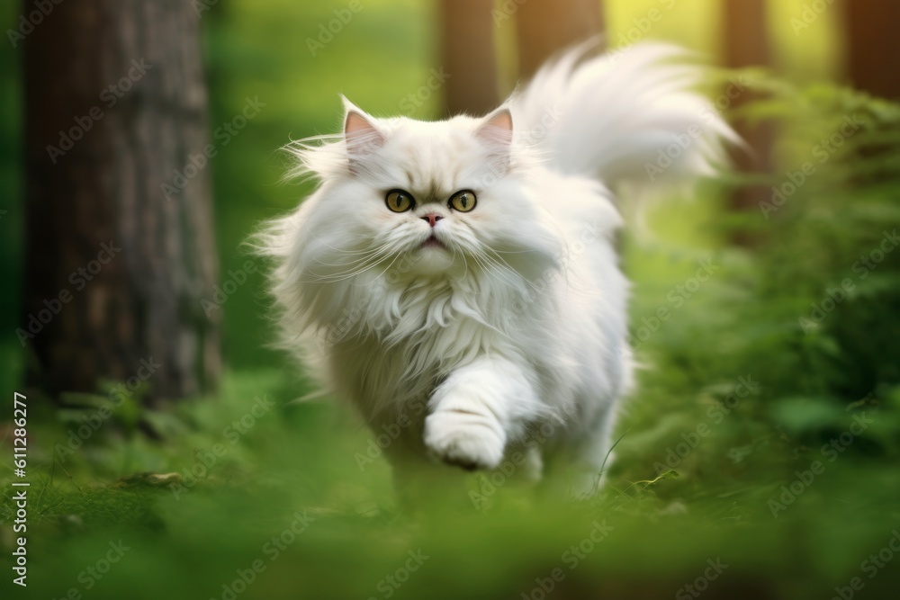 Full-length portrait photography of a cute persian cat sprinting against a forest background. With generative AI technology