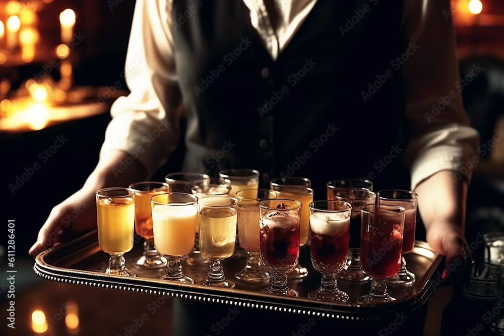 tray with glasses of alcoholic drinks cocktails in the hands of a waiter in a luxury restaurant close-up. Generative AI illustration