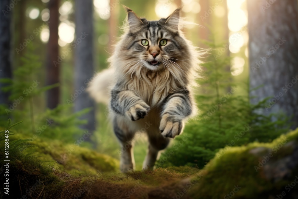 Obraz premium Full-length portrait photography of a happy norwegian forest cat jumping against a forest background. With generative AI technology