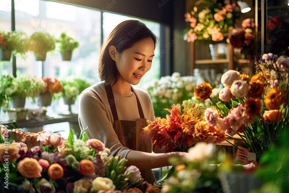 Passionate Female Owner Arranging Fresh Flowers in Modern Flower Shop. Generative AI.