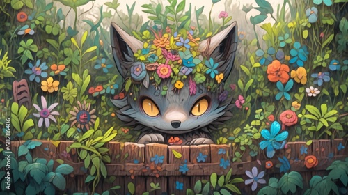 Cute Lofi animal in garden, anime style illustration, background wallpaper design, manga art, poster, nature photo