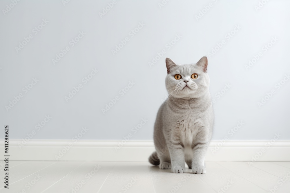 Obraz premium Lifestyle portrait photography of a smiling british shorthair cat tail wagging against a minimalist or empty room background. With generative AI technology
