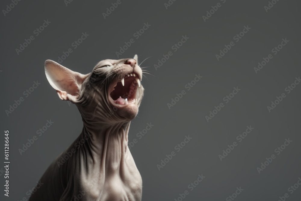 Medium shot portrait photography of a smiling sphynx cat murmur meowing against a minimalist or empty room background. With generative AI technology