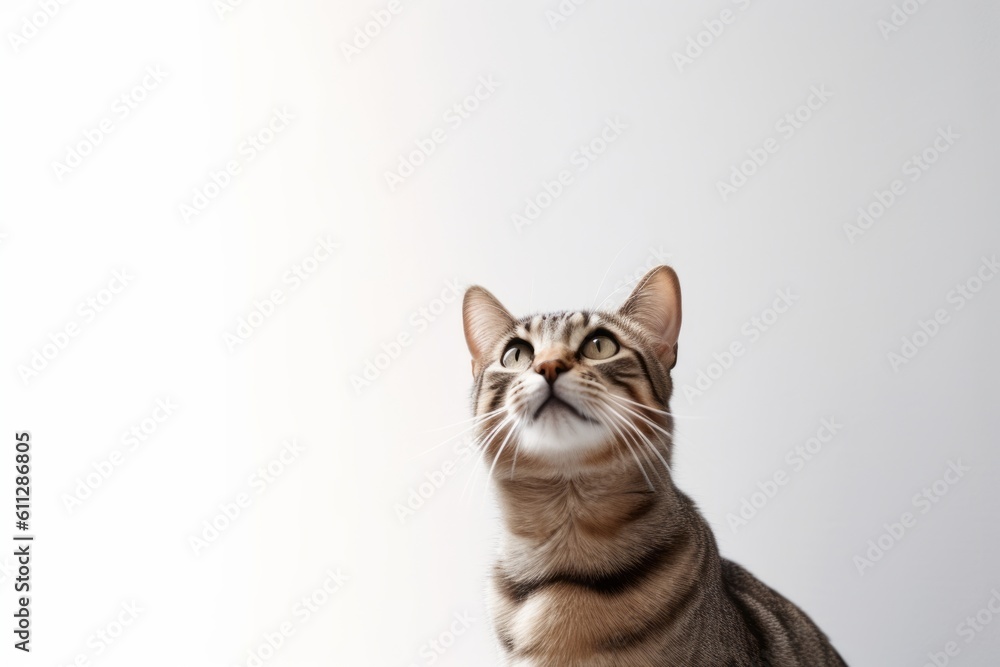 Fototapeta premium Medium shot portrait photography of a funny tabby cat skulking against a minimalist or empty room background. With generative AI technology