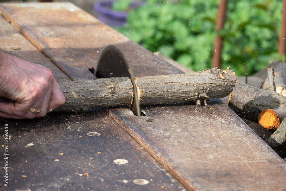 Hands of a worker sawing firewood with an industrial electric circular saw close-up. Harvesting firewood for the winter, sawmill. Sawing firewood with circular saw blade