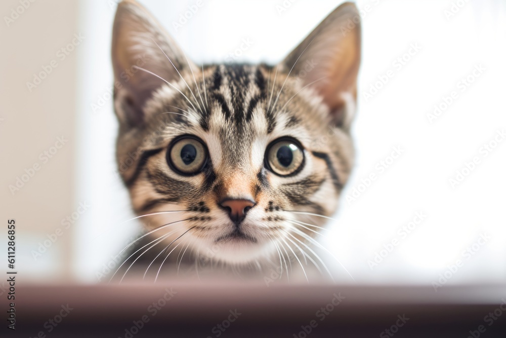 Close-up portrait photography of a cute tabby cat skulking against a minimalist or empty room background. With generative AI technology