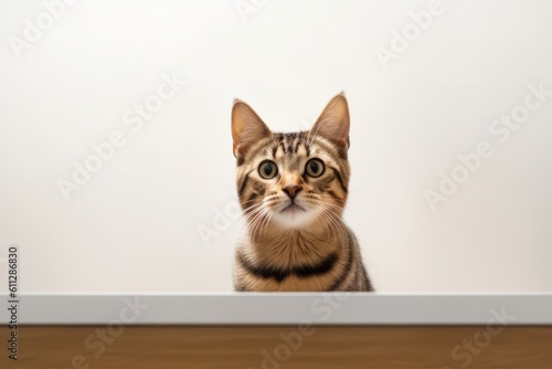 Medium shot portrait photography of a funny tabby cat skulking against a minimalist or empty room background. With generative AI technology