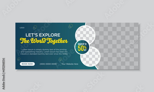 Travel facebook cover social media post and web banner template design with photo place holder, clean and modern layout design for tour agency page.
