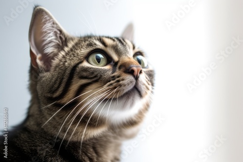 Close-up portrait photography of a cute tabby cat skulking against a minimalist or empty room background. With generative AI technology