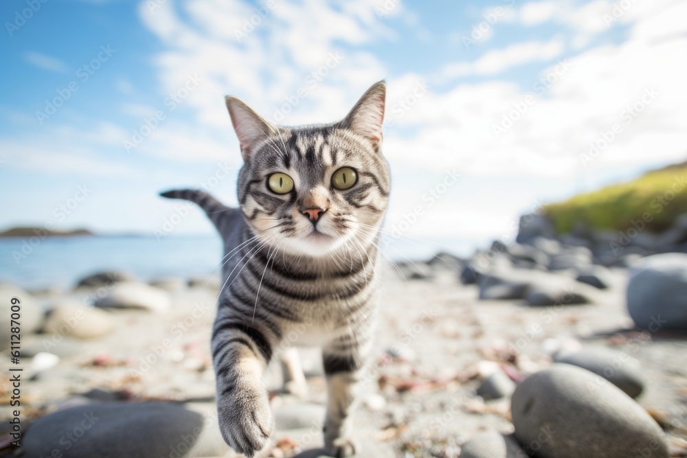 Close-up portrait photography of a happy american shorthair cat hopping ...