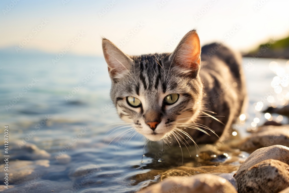 Medium shot portrait photography of a smiling american shorthair cat drinking water against a beach background. With generative AI technology Medium shot portrait photography of a smiling american shorthair cat drinking water against a beach background. With generative AI technology