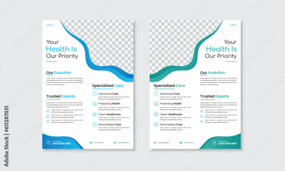 Healthcare modern vector template, poster, brochure for medical annual report with gradient colors and space for photo, A4 size layout with bleed, margin, two styles Healthcare modern vector template, poster, brochure for medical annual report with gradient colors and space for photo, A4 size layout with bleed, margin, two styles