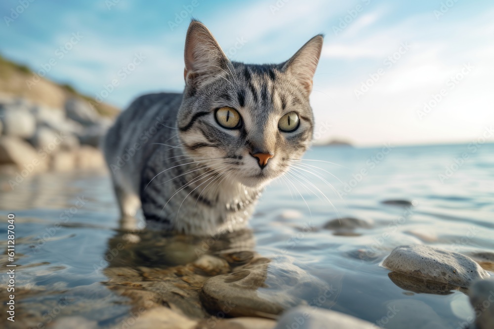 Medium shot portrait photography of a smiling american shorthair cat drinking water against a beach background. With generative AI technology Medium shot portrait photography of a smiling american shorthair cat drinking water against a beach background. With generative AI technology