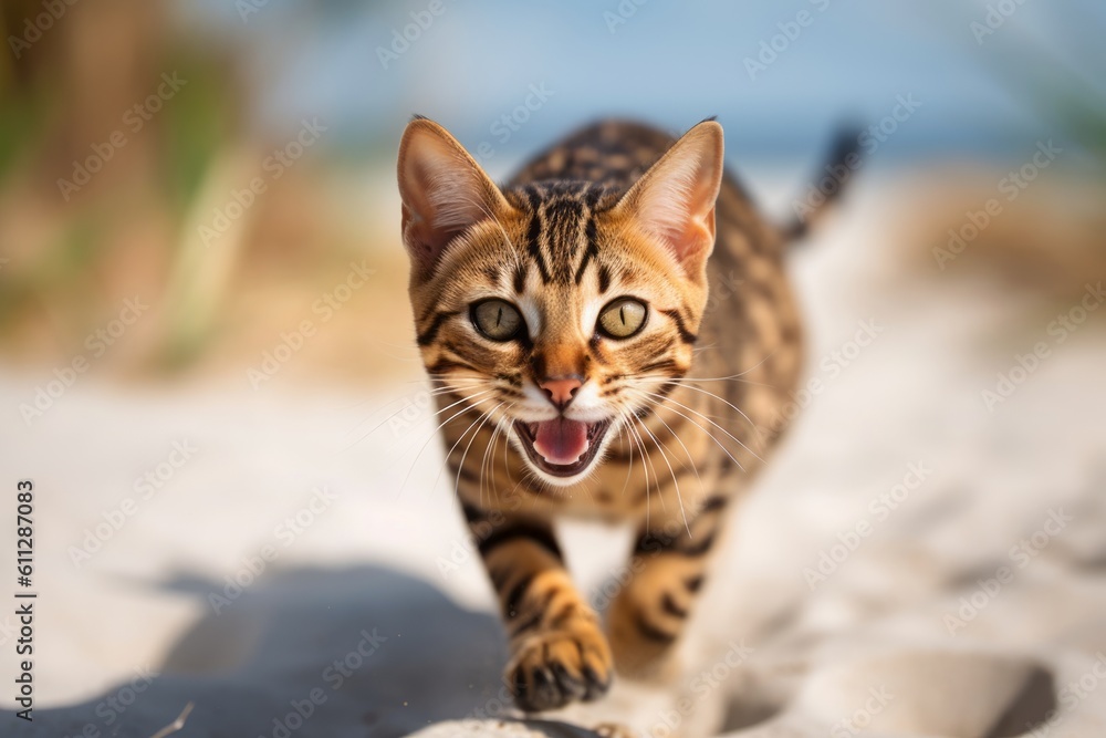 Lifestyle portrait photography of a smiling bengal cat running against a beach background. With generative AI technology Lifestyle portrait photography of a smiling bengal cat running against a beach background. With generative AI technology