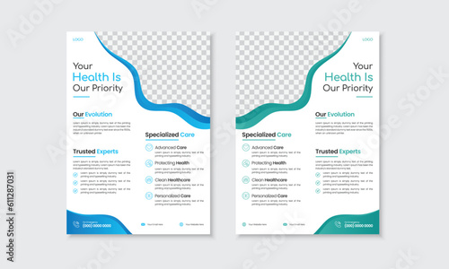 Healthcare modern vector template, poster, brochure for medical annual report with gradient colors and space for photo, A4 size layout with bleed, margin, two styles