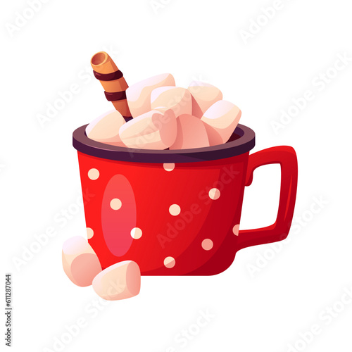 Red Cup Cocoa Marshmallow Icon.Hot Chocolate Isolated on White. Cute Vector Illustration in Cartoon Style. 