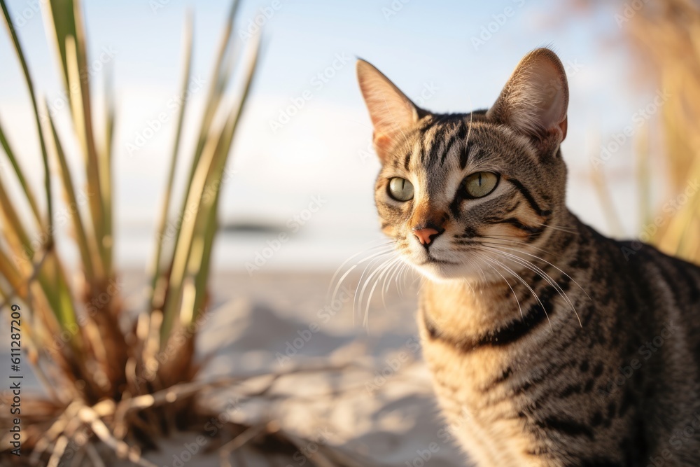 Medium shot portrait photography of a curious savannah cat scratching against a beach background. With generative AI technology