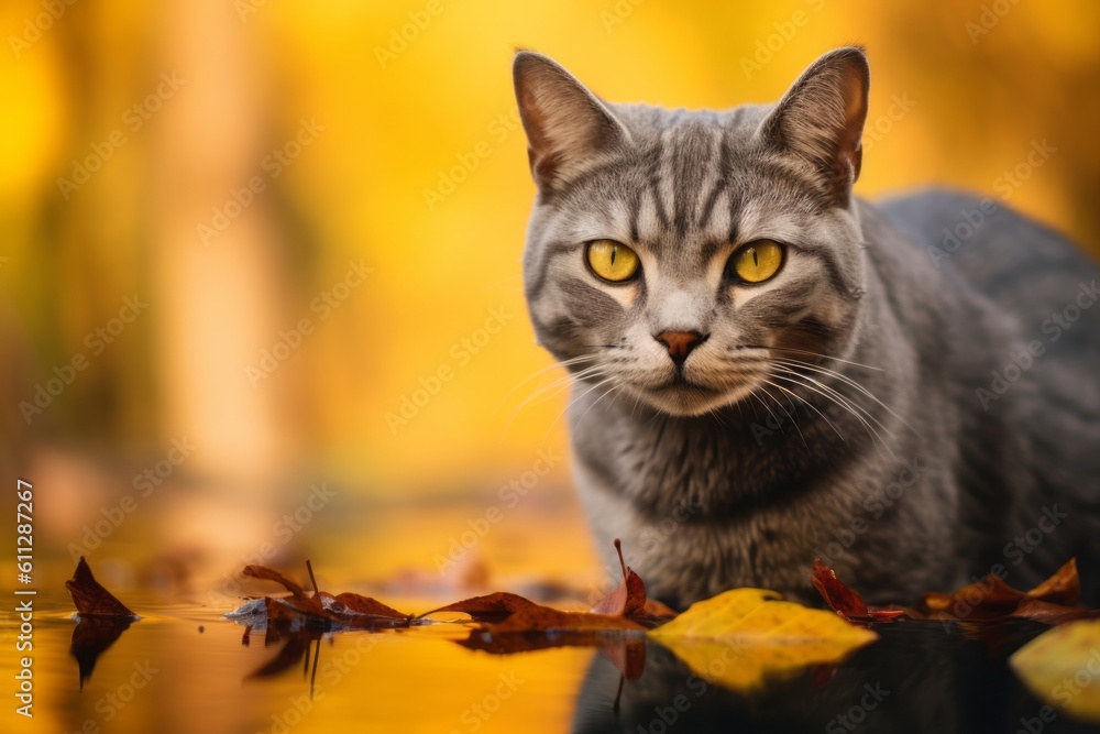 Close-up portrait photography of a curious american shorthair cat drinking water against an autumn foliage background. With generative AI technology