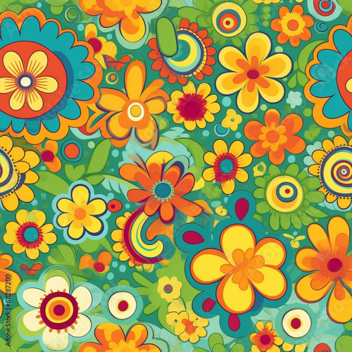 Seamless Groovy Retro Flower Pattern Tile  Generative AI