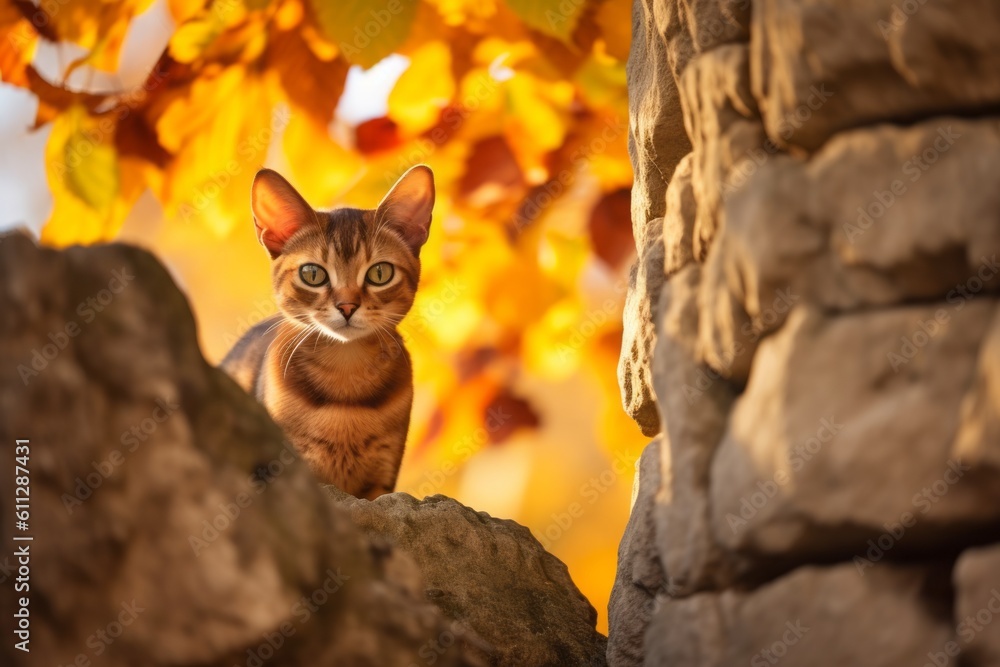 Environmental portrait photography of a cute abyssinian cat wall climbing against an autumn foliage background. With generative AI technology