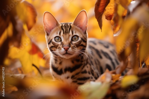 Medium shot portrait photography of a smiling bengal cat exploring against an autumn foliage background. With generative AI technology