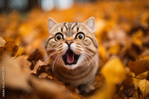 Close-up portrait photography of a happy scottish fold cat hopping against an autumn foliage background. With generative AI technology