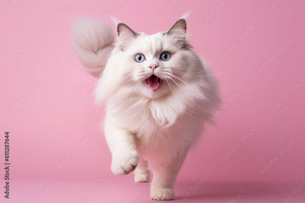 Full-length portrait photography of a smiling ragdoll cat pouncing against a pastel or soft colors background. With generative AI technology