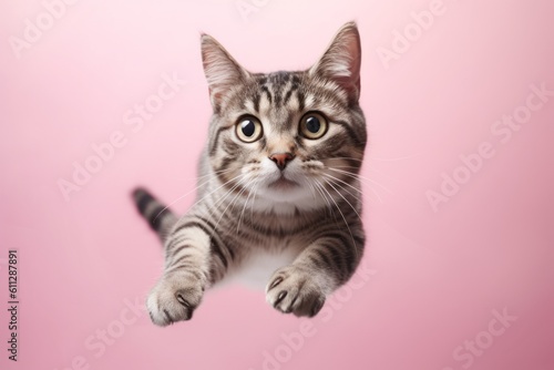 Medium shot portrait photography of a curious tabby cat leaping against a pastel or soft colors background. With generative AI technology