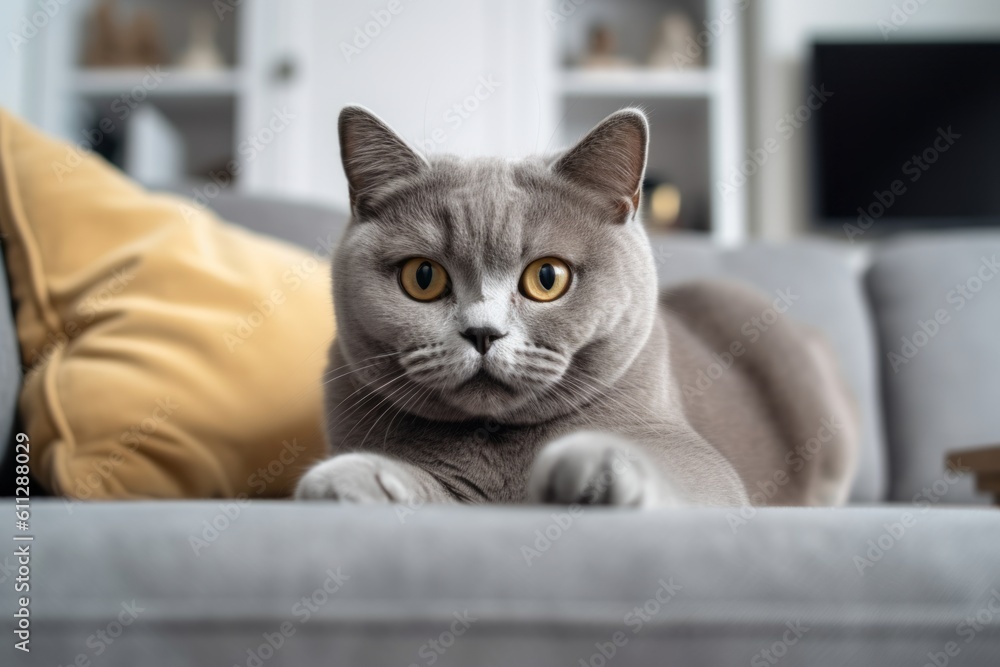 Group portrait photography of a smiling british shorthair cat skulking against a cozy living room background. With generative AI technology
