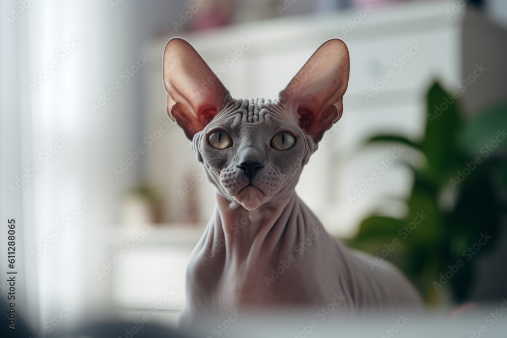Conceptual portrait photography of a funny sphynx cat exploring against a cozy living room background. With generative AI technology