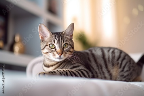 Wallpaper Mural Medium shot portrait photography of a happy american shorthair cat investigating against a cozy living room background. With generative AI technology Torontodigital.ca