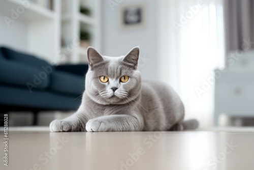 Group portrait photography of a smiling british shorthair cat skulking against a cozy living room background. With generative AI technology