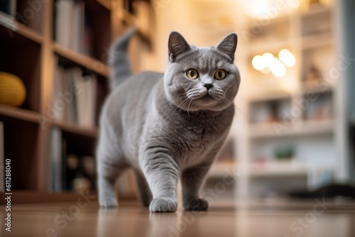 Lifestyle portrait photography of a happy british shorthair cat tail wagging against a cozy living room background. With generative AI technology