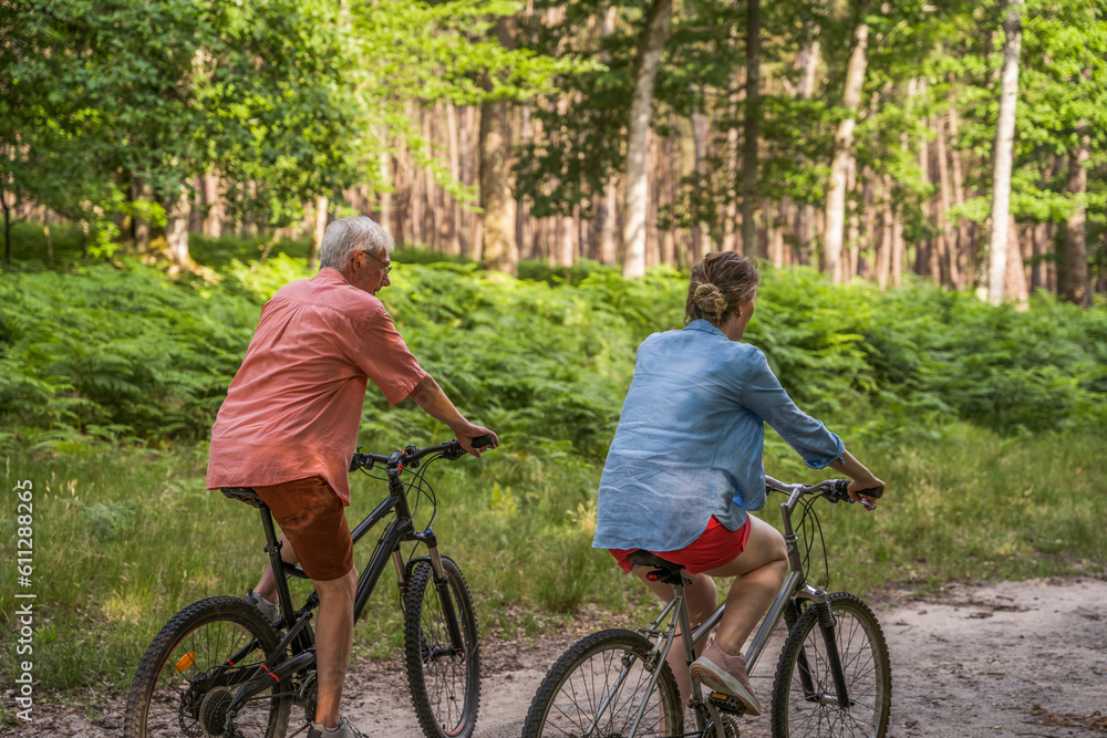 Back view of the senior father and his daughter walking with their bicycles Back view of the senior father and his daughter walking with their bicycles