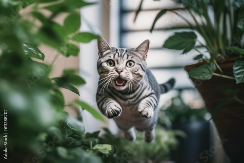 Medium shot portrait photography of a funny american shorthair cat leaping against an indoor plant. With generative AI technology