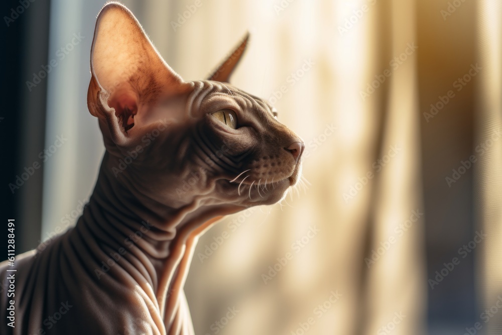 Lifestyle portrait photography of a smiling sphynx cat tail wagging against a bright window. With generative AI technology