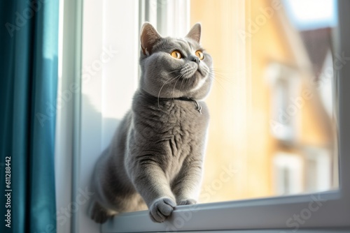 Full-length portrait photography of a happy british shorthair cat scratching against a bright window. With generative AI technology