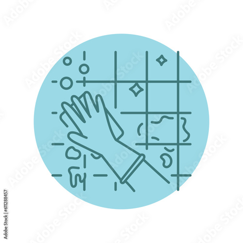 A hand washes a tile black line icon. Cleaning company