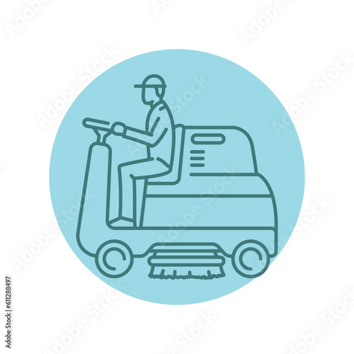 Man on car sweeper black line icon. Cleaning company