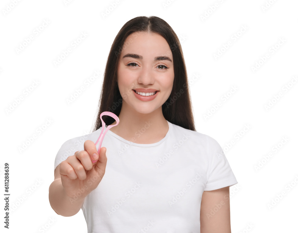 Happy woman with tongue cleaner on white background Happy woman with tongue cleaner on white background