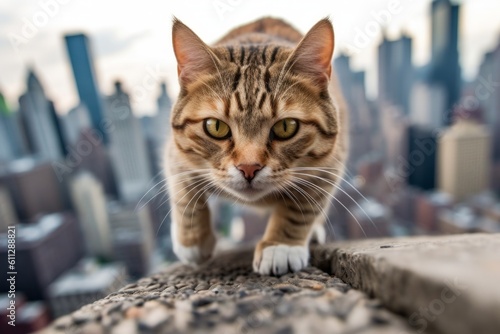 Environmental portrait photography of a curious american shorthair cat pouncing against an urban cityscape. With generative AI technology