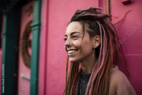 Portrait of woman with long dreadlocks holding her hair image ai generate