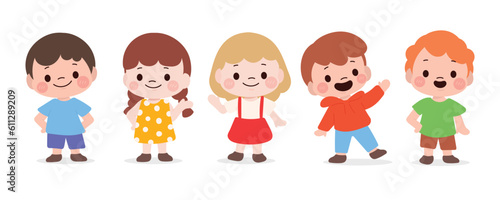 Cute kids characters vector set. Collection of kindergarten, girls, boys, children with different poses, happy, smile. Happy international children's day illustration for education, back to school.