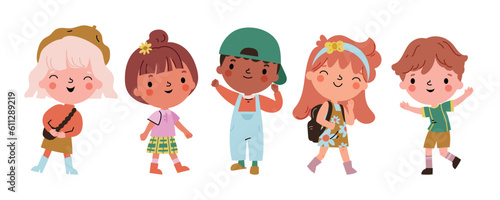 Cute kids characters vector set. Collection of kindergarten, girls, boys, children with different poses, happy, smile. Happy international children's day illustration for education, back to school.