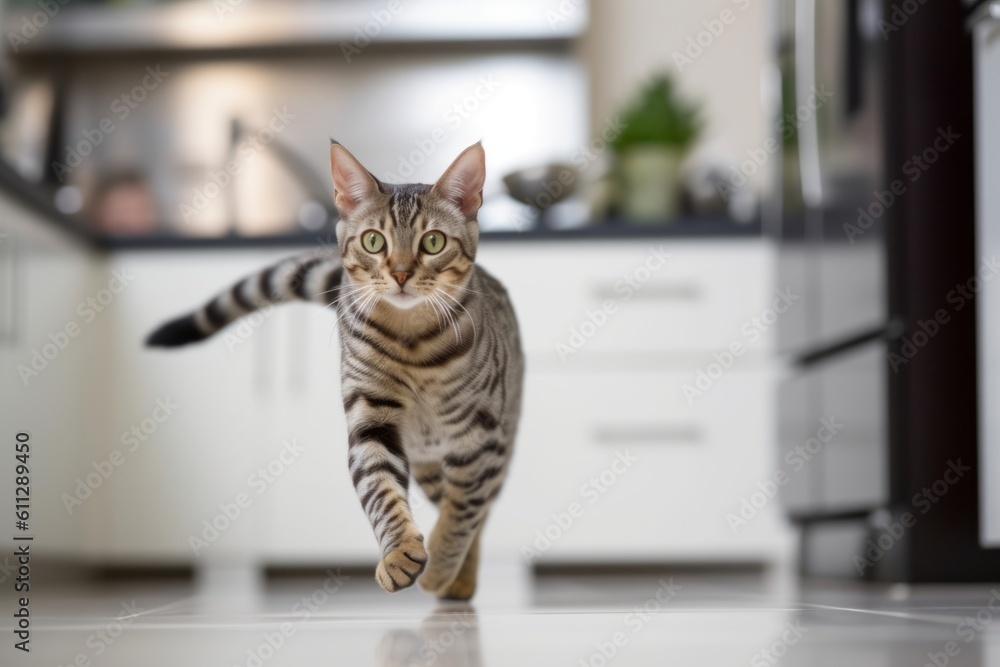 Lifestyle portrait photography of a funny ocicat running against a modern kitchen setting. With generative AI technology