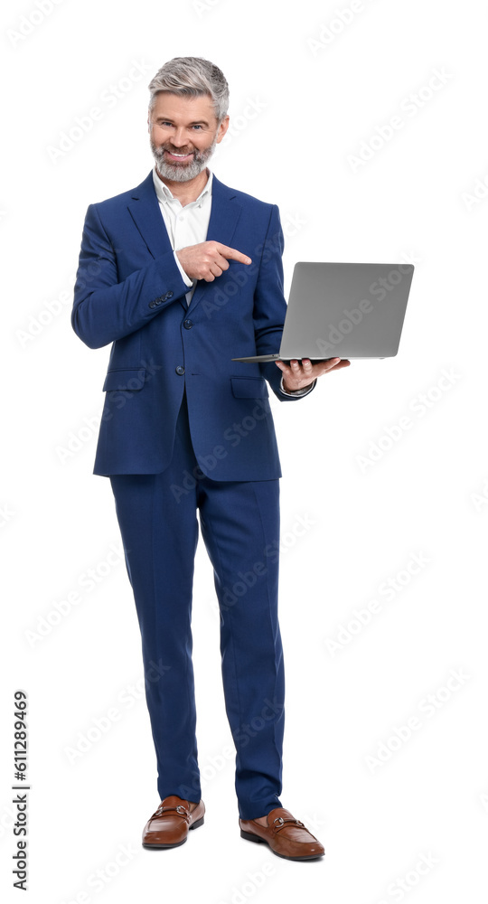 Mature businessman in stylish clothes with laptop on white background Mature businessman in stylish clothes with laptop on white background