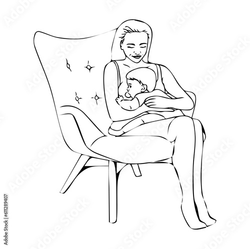 breastfeeding line art. Modern vector One line drawing of a young beautiful woman sitting comfortably in a chair and breastfeeding her little baby. the concept of love, care, support, protection. © Inna